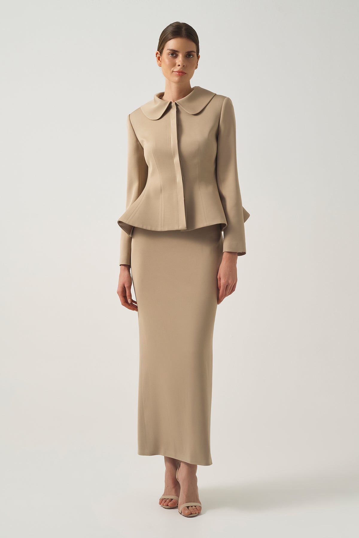 Round-Collar Peplum Jacket with High-Waisted Long Skirt with Deep  Back Slit