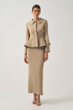 Round-Collar Peplum Jacket with High-Waisted Long Skirt with Deep  Back Slit