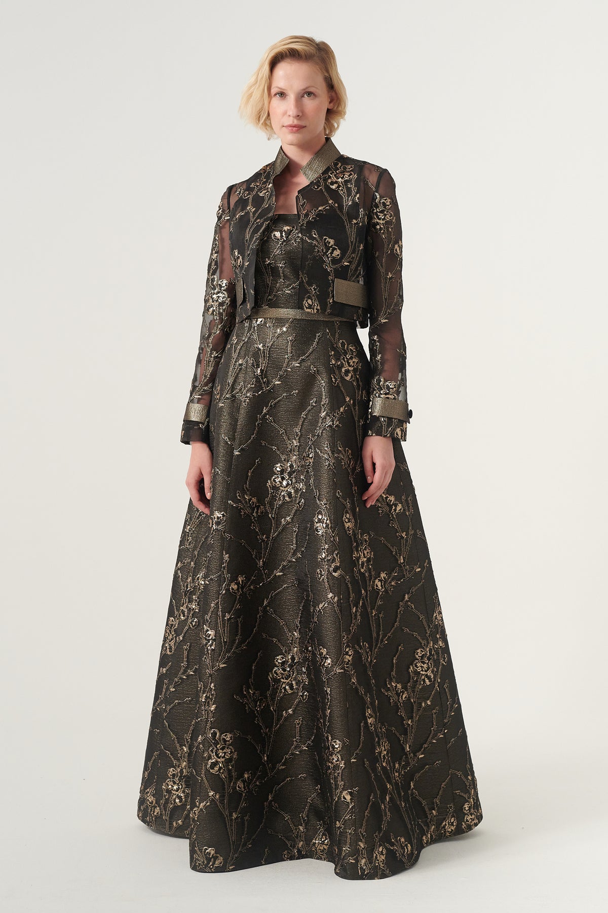 Long Sleeve Patterned Organza Jacket With Strapless A-Line Floor Length Dress Long Sleeve Patterned Organza Jacket With Strapless A-Line Floor Length Dress