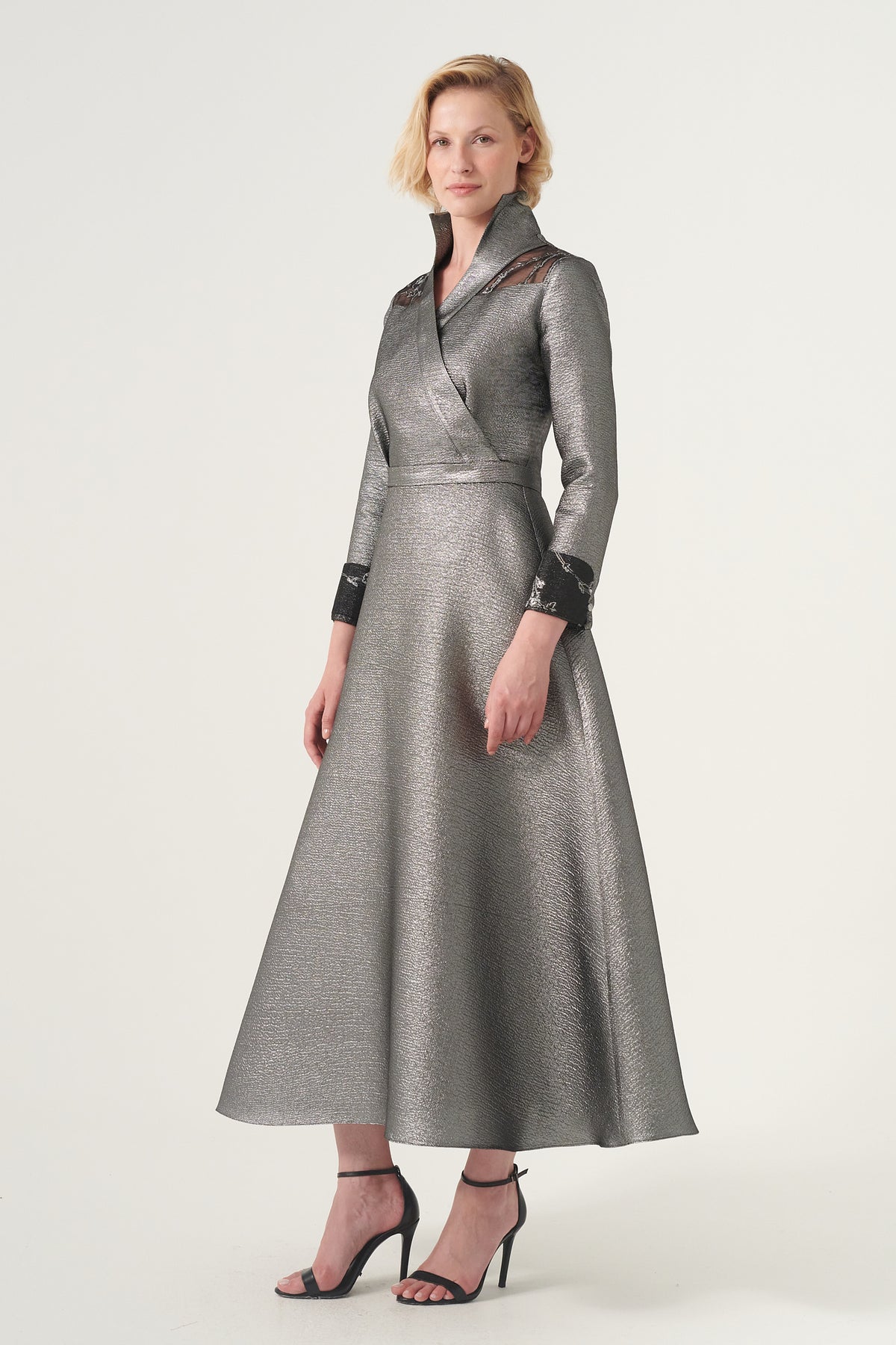 Sheer Organza Detail Shoulders Long Sleeve Midi Dress