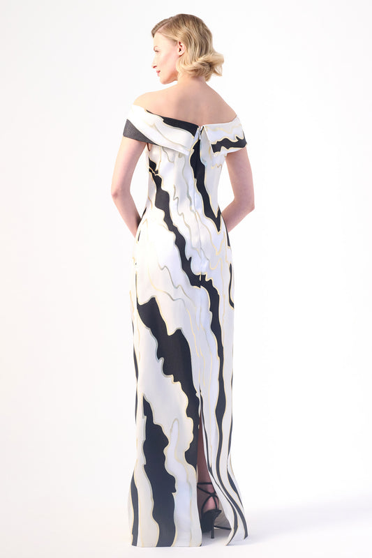 an off-shoulder neckline column gown