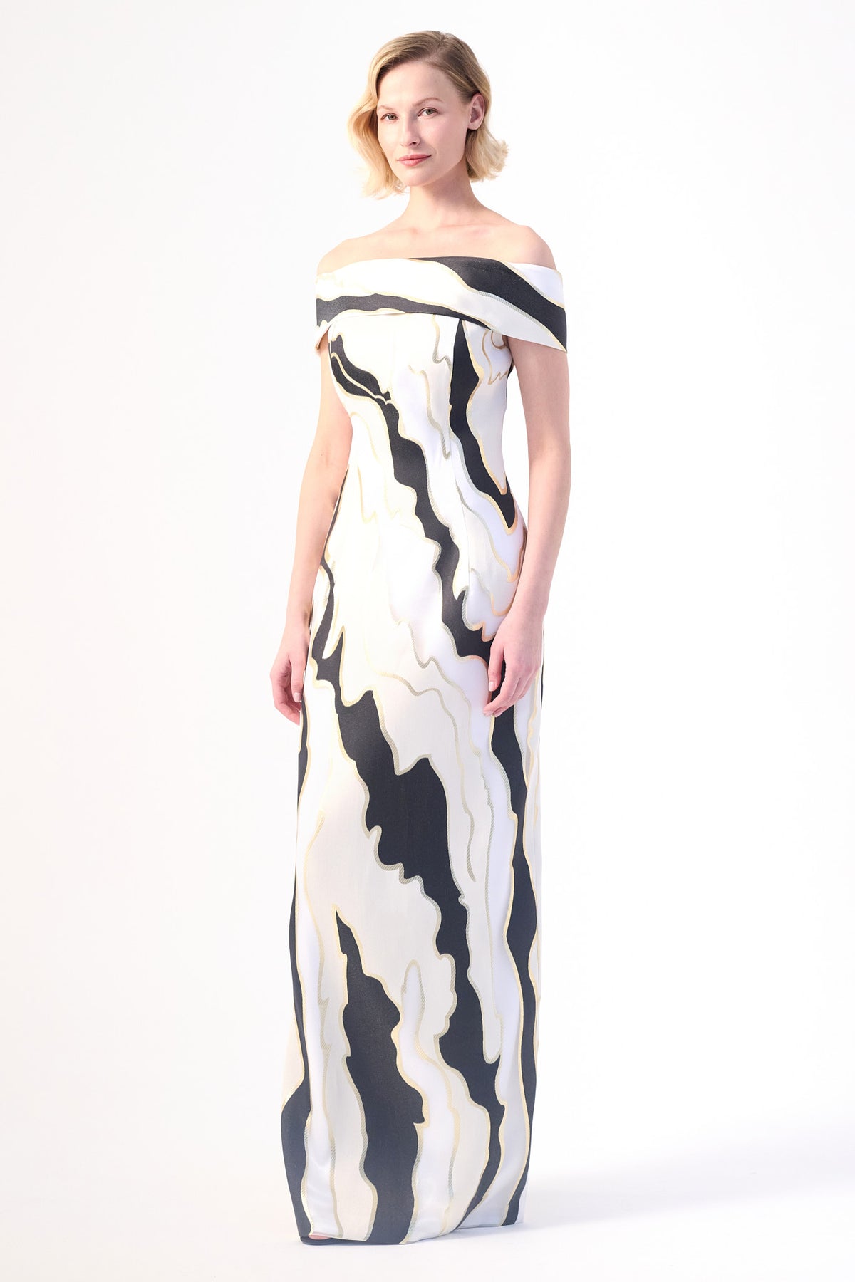 an off-shoulder neckline column gown