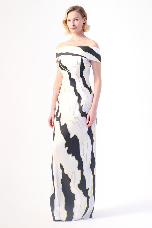 an off-shoulder neckline column gown