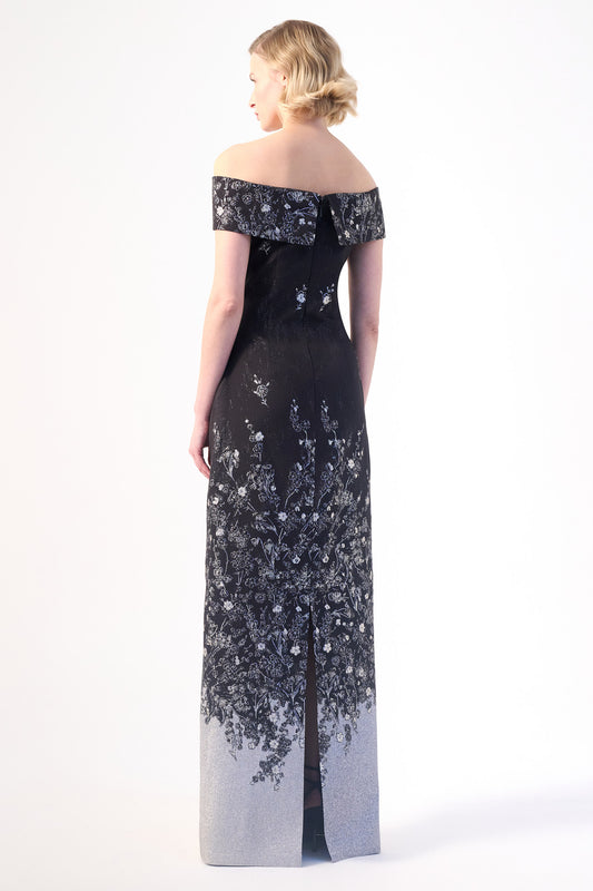 A sophisticated off-shoulder neckline column gown