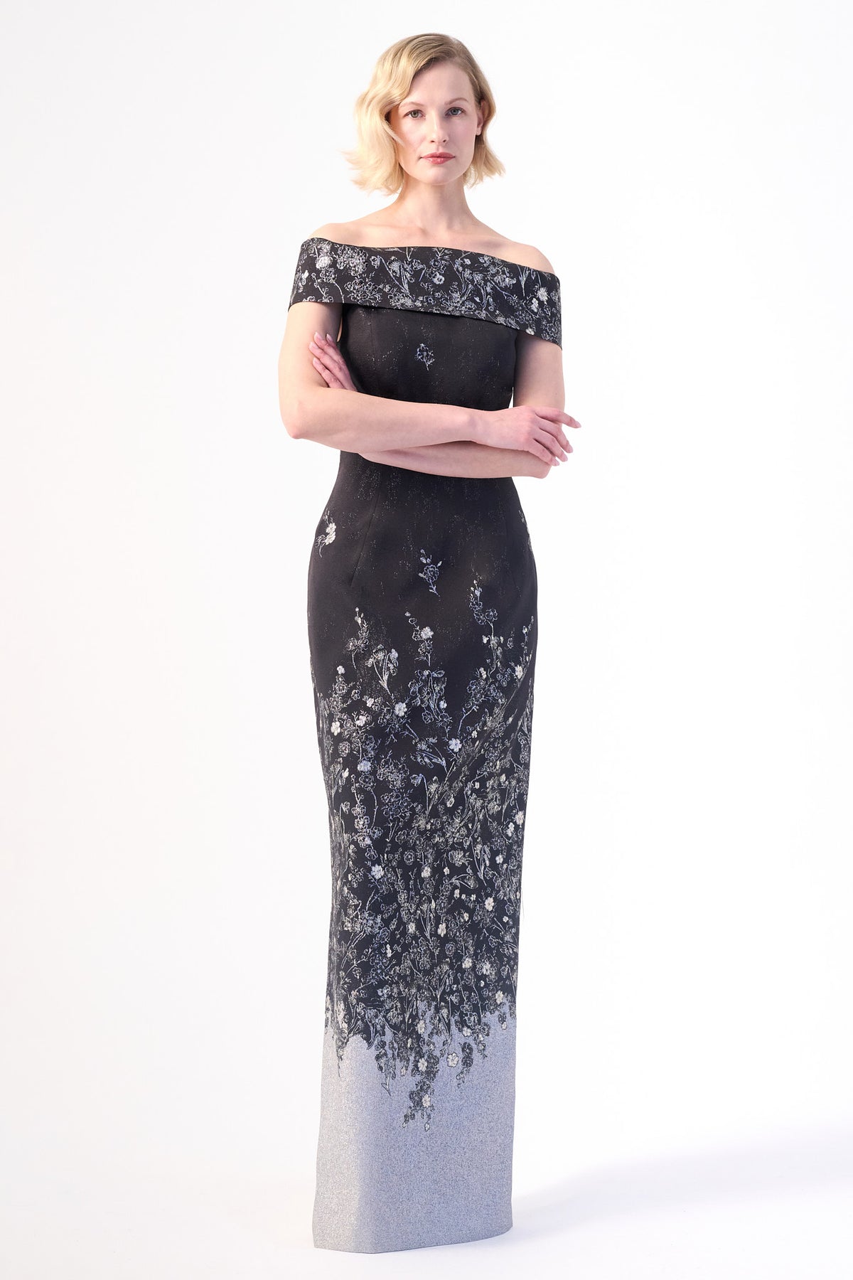 A sophisticated off-shoulder neckline column gown