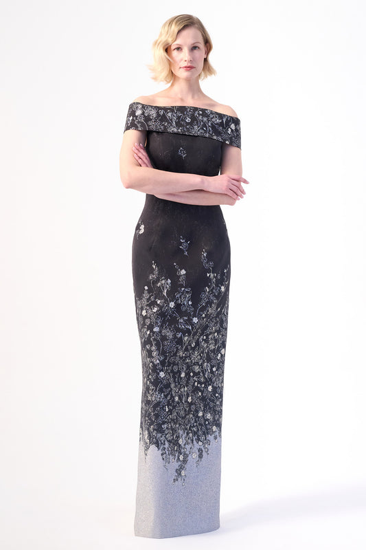 A sophisticated off-shoulder neckline column gown