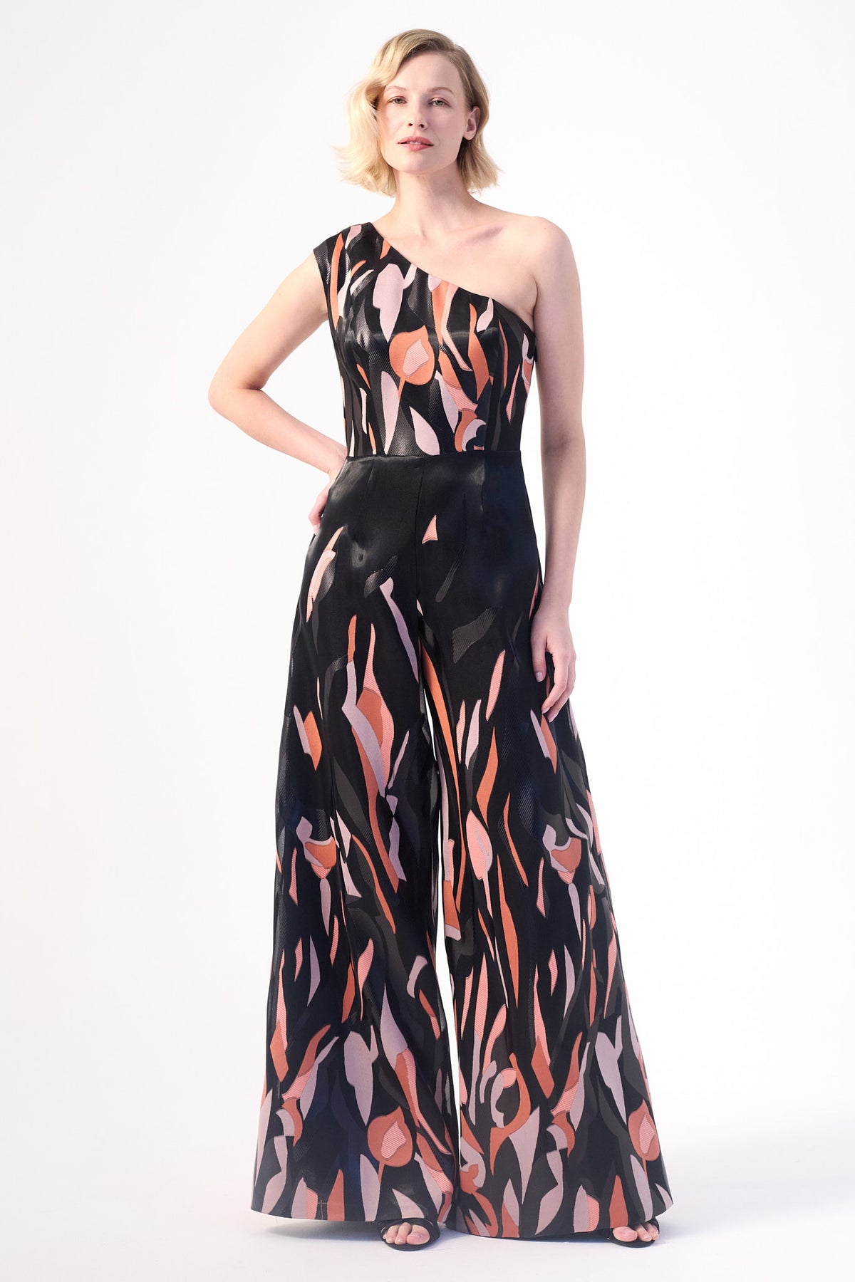 one-shoulder wide-leg silhouette jumpsuit