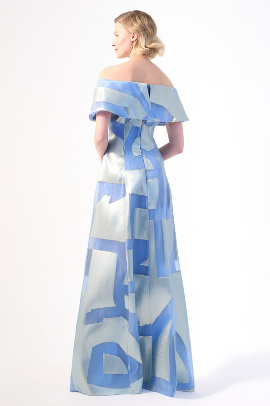 A featuring geometric patterns made of metallic jacquard fabric long dress