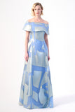 A featuring geometric patterns made of metallic jacquard fabric long dress