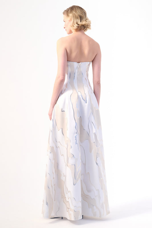 delicate printed strapless gown