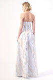 delicate printed strapless gown