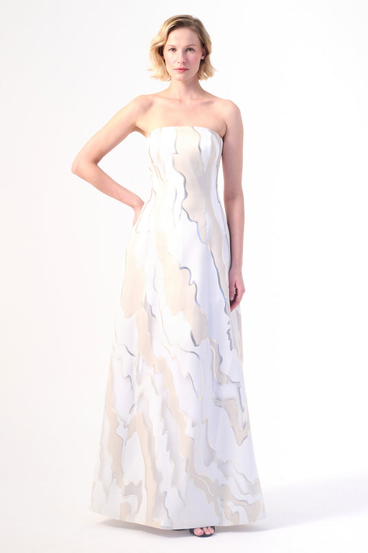 delicate printed strapless gown