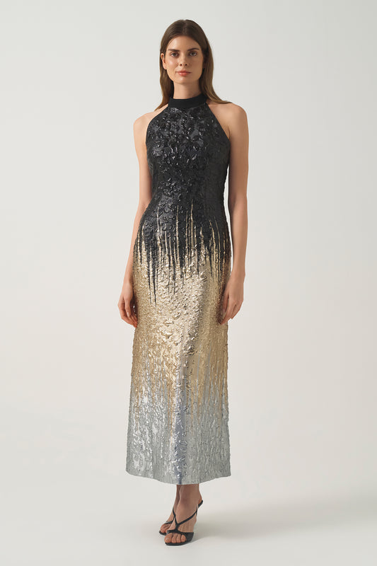 Halter Neck Gradient Jacquard Long  Dress