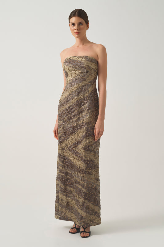 Embroidered Strapless Long Dress