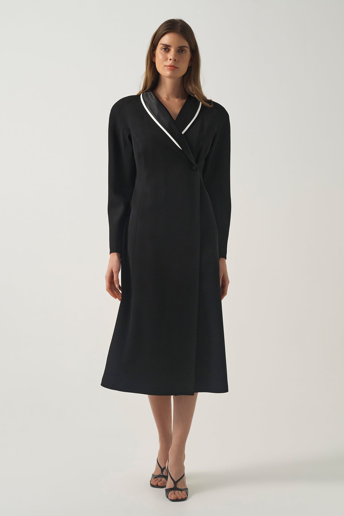 Satin Piped Wrap-Front Coat (Tone on-Tone or Contrast)
