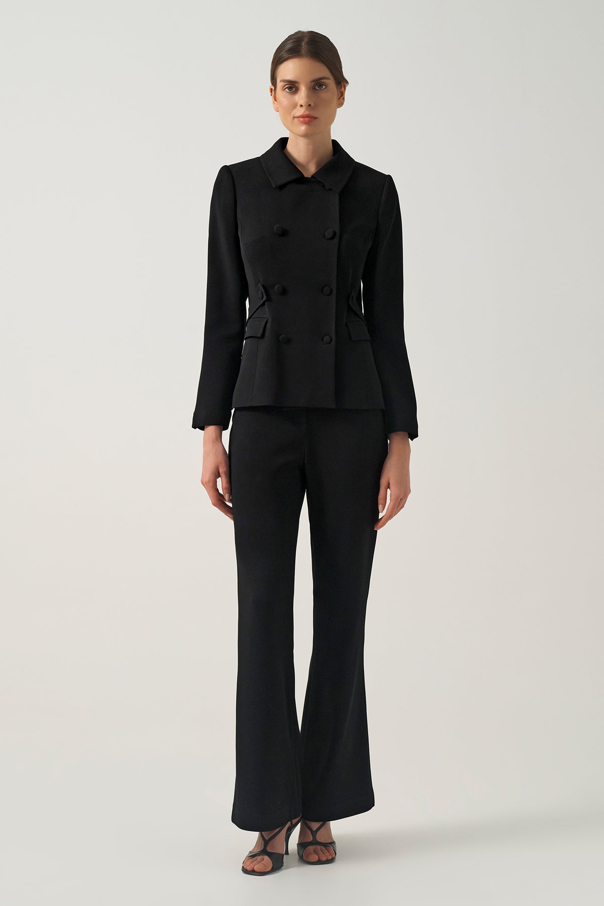 Belted Double-Breasted Tailored Jacket With High-Wasted Subtle Flared Trousers