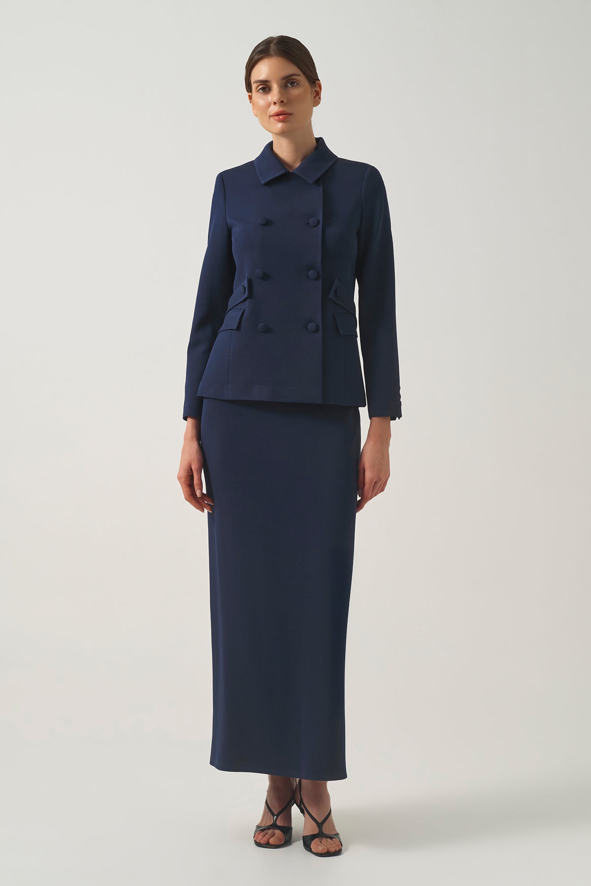 Belted Double-Breasted Tailored  Jacket With High-Waisted Long Skirt with Deep  Back Slit