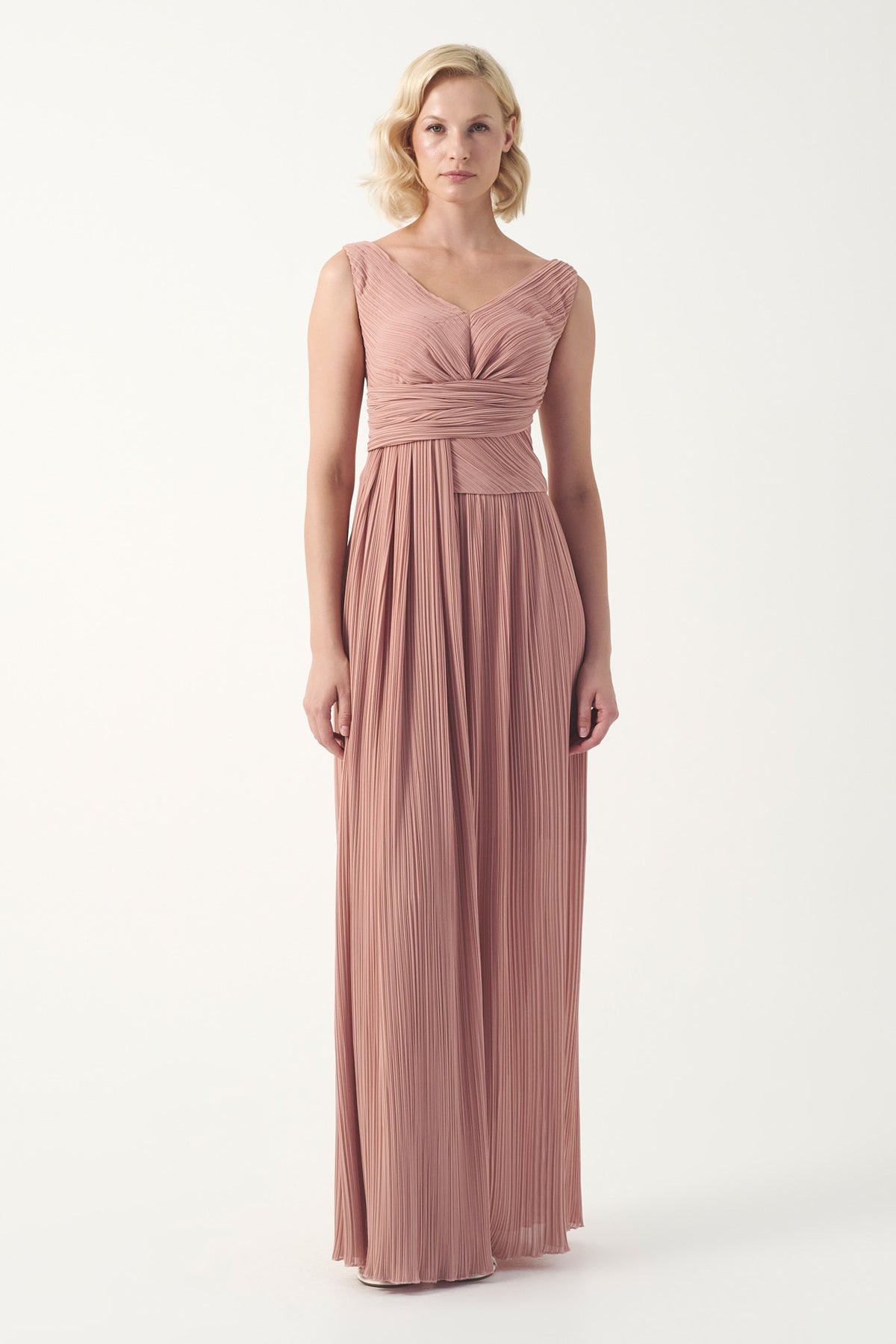 Pleated V-Neck long evening gown
