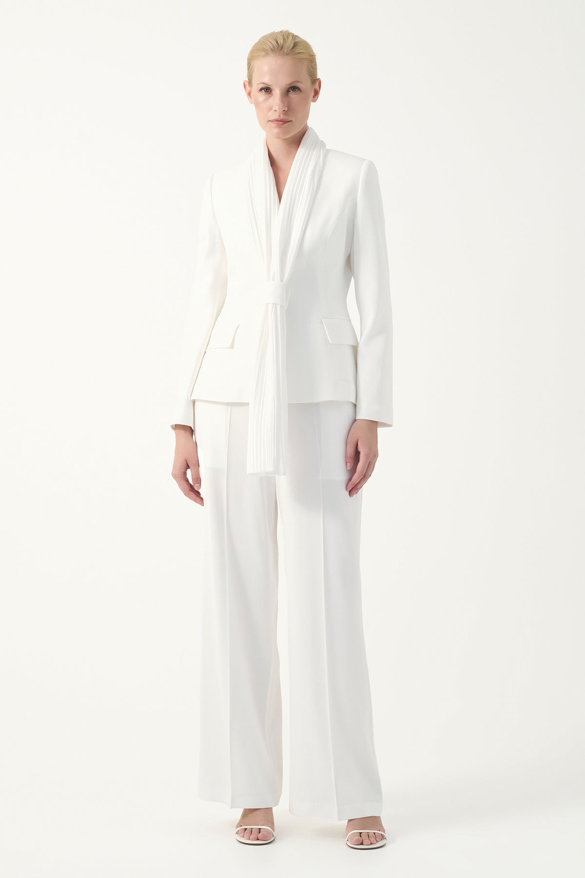 Fluid Tailored Suit with Scarf Collar