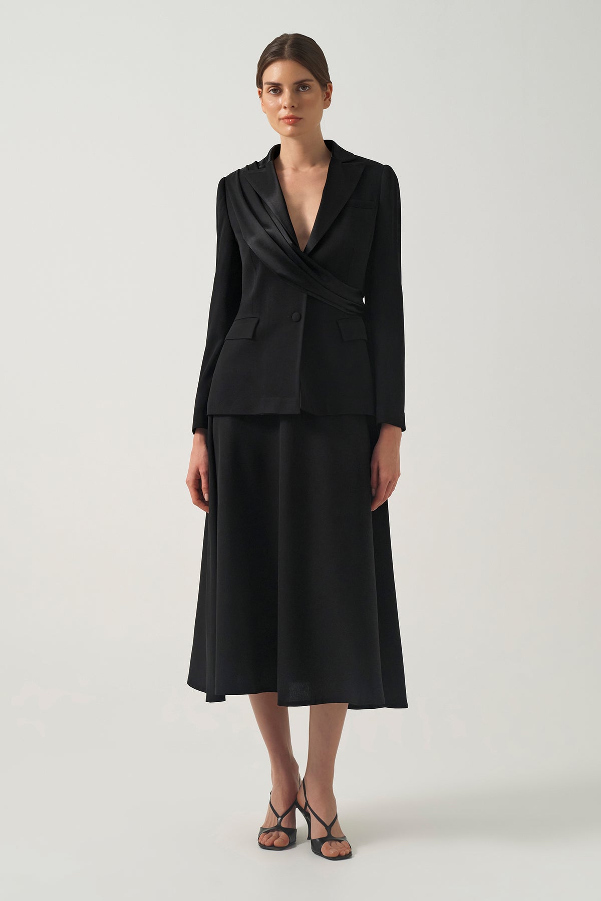 Shawl-Detail Jacket With Classic A-Line Midi Skirt