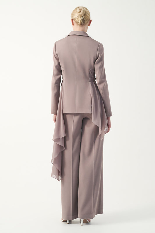 Single button V-neck asymptomatic draped panel jacket with wide- leg trousers
