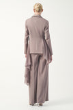 Single button V-neck asymptomatic draped panel jacket with wide- leg trousers