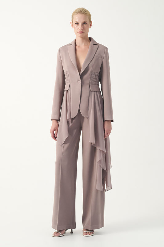 Single button V-neck asymptomatic draped panel jacket with wide- leg trousers
