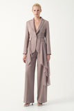 Single button V-neck asymptomatic draped panel jacket with wide- leg trousers