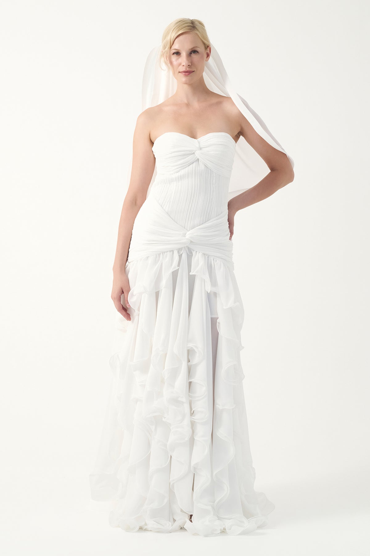 Strapless Ruffle Cascade Gown with Veil