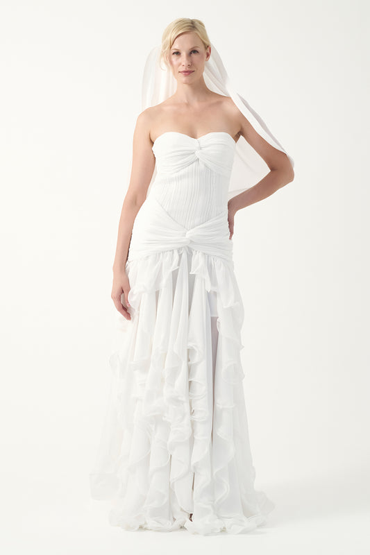 Strapless Ruffle Cascade Gown with Veil
