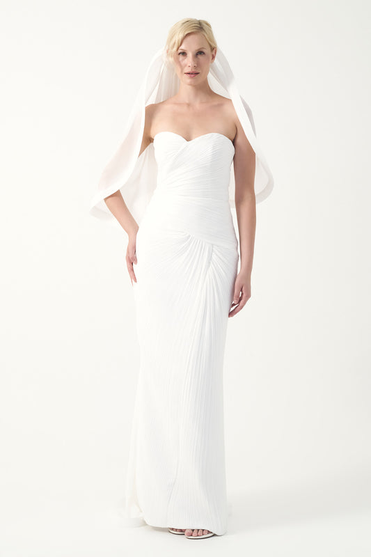 Strapless Pleated Chiffon Bridal Gown with Veil