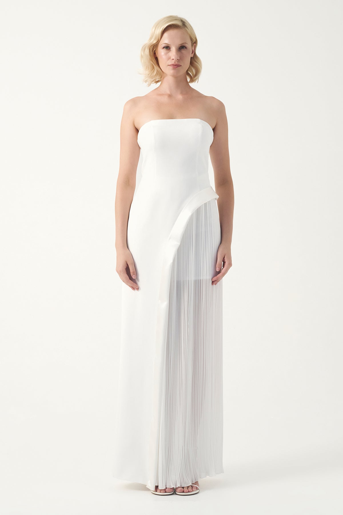 Strapless Overlay Pleated Gown