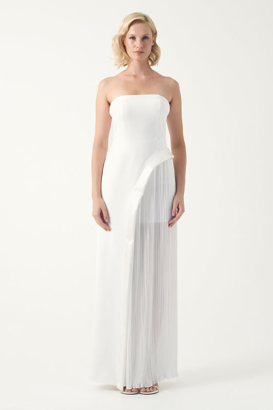 Strapless Overlay Pleated Gown