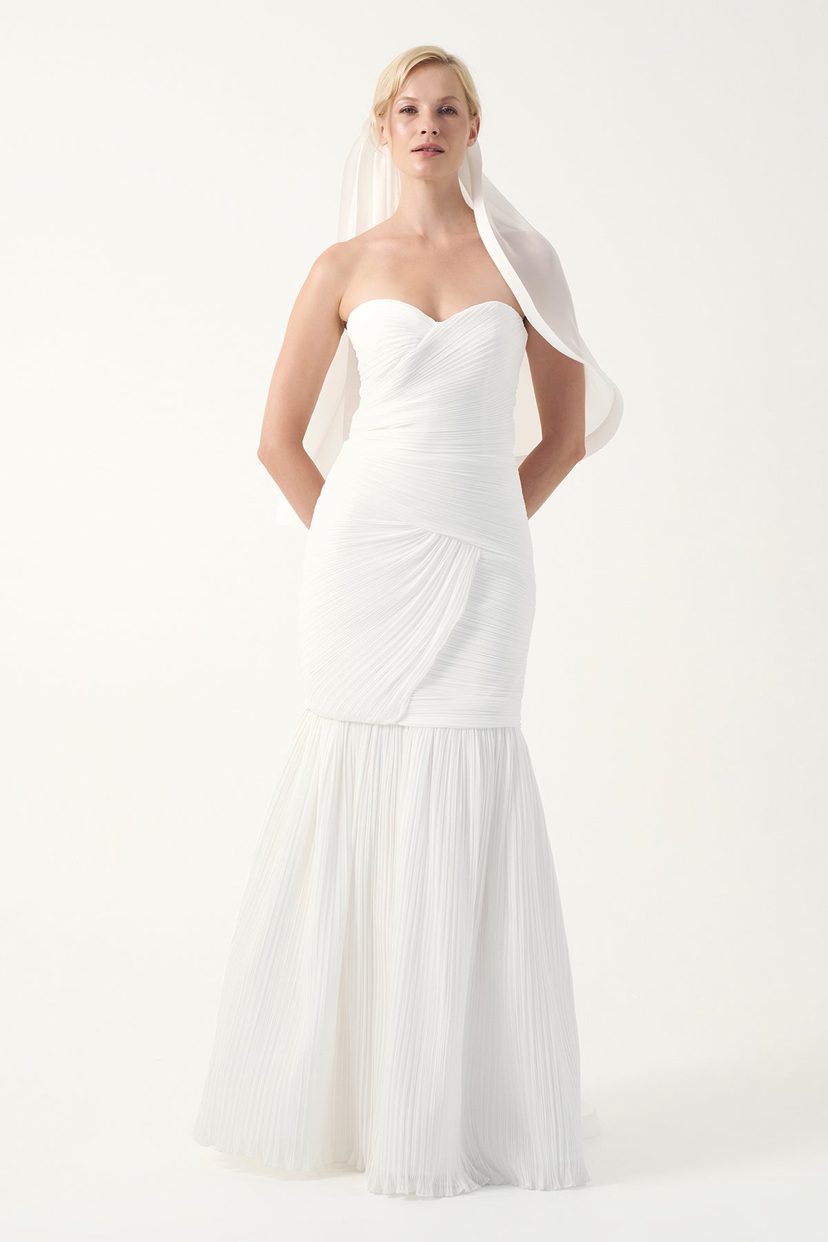 Strapless Draped Pleated Mermaid Gown with veil