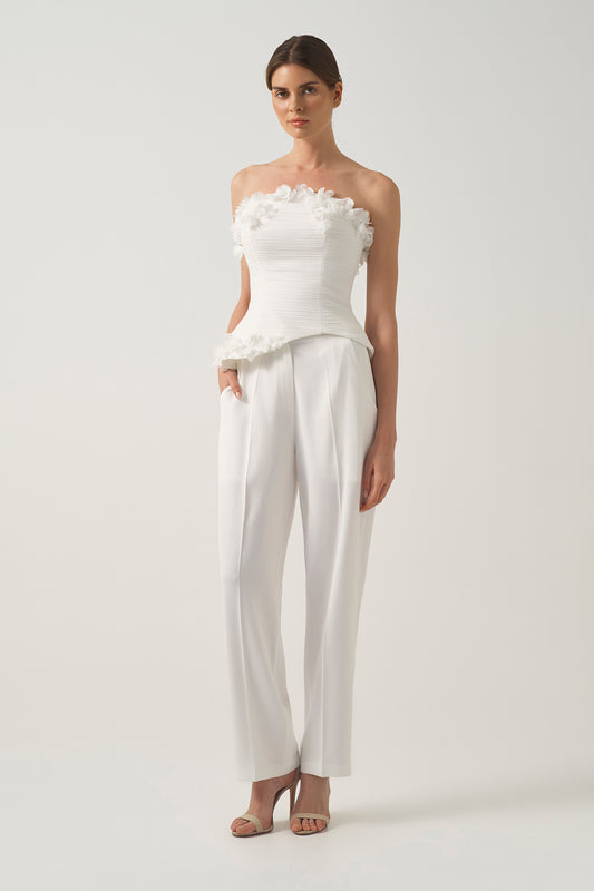 Strapless Floral-Appliqué Corset and  High-Waisted Trousers Set