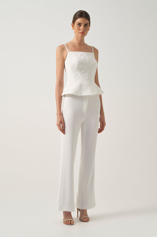 Diagonal-Pleated Strappy Corset with High-Waisted Subtle Flared Trousers