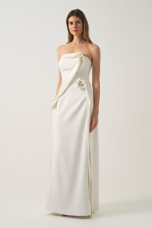 Strapless Draped Long Dress with Satin Details