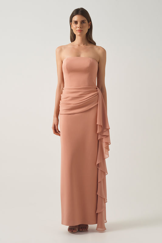 Strapless Long Dress with Chiffon  Ruffle Detail