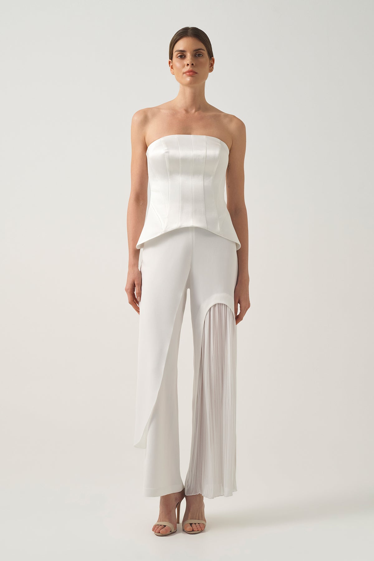 Satin Strapless Corset Bustier with Pleated Panel Detail Trousers