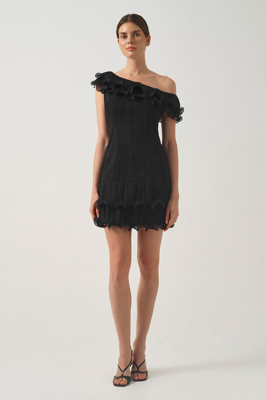 One-Shoulder Mini Dress with Ruffle  Details