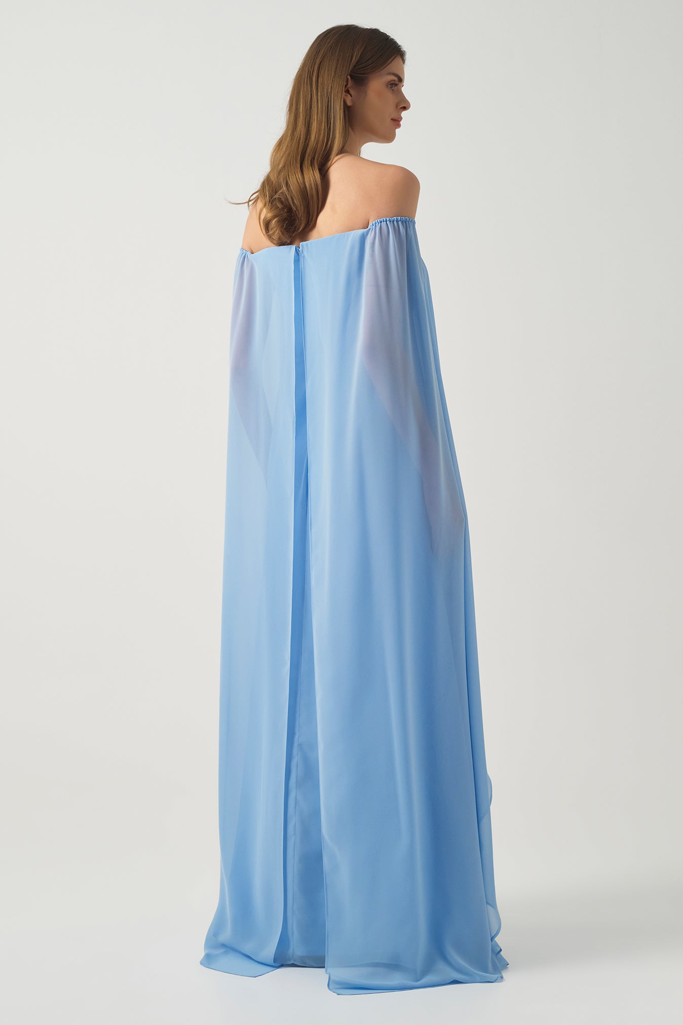 Chiffon Long Dress with Cape Silhouette Brown Chiffon Long Dress with Cape Silhouette Brown