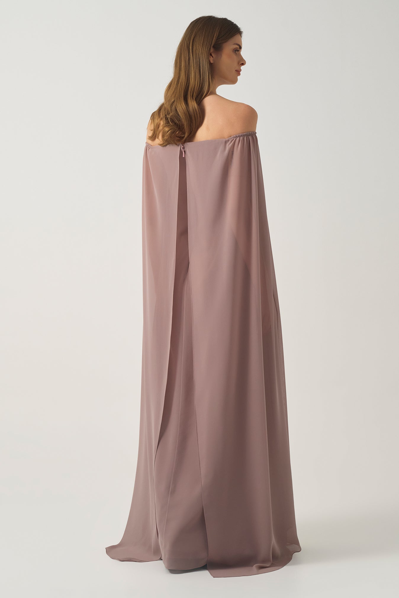 Chiffon Long Dress with Cape Silhouette Brown Chiffon Long Dress with Cape Silhouette Brown
