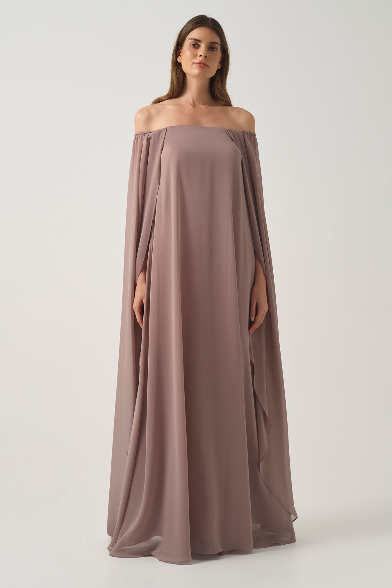 Chiffon Long Dress with Cape Silhouette Brown