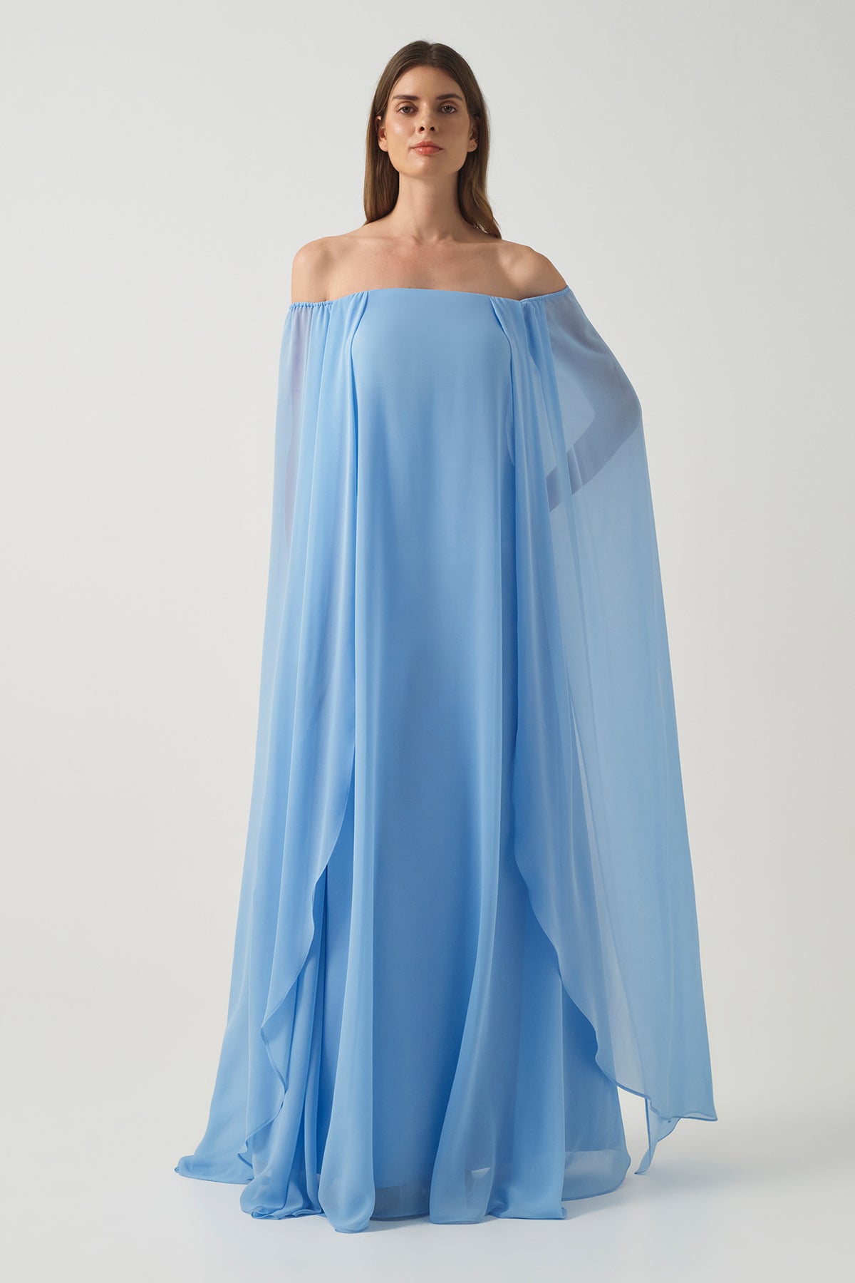 Chiffon Long Dress with Cape Silhouette Brown