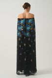 Printed Chiffon Long Dress with Cape  Silhouette