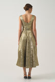 Metallic Rose-Patterned Square Neck  Long Dress