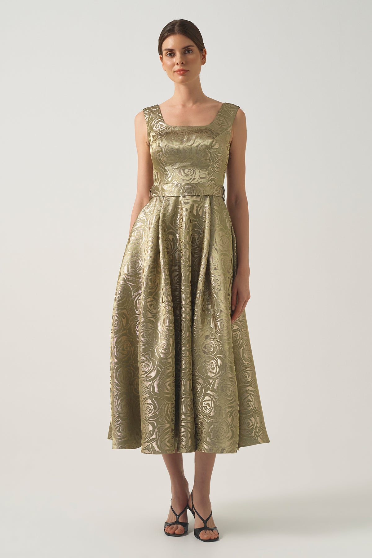 Metallic Rose-Patterned Square Neck  Long Dress