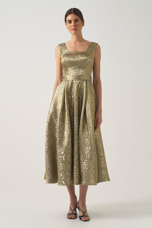 Metallic Rose-Patterned Square Neck  Long Dress