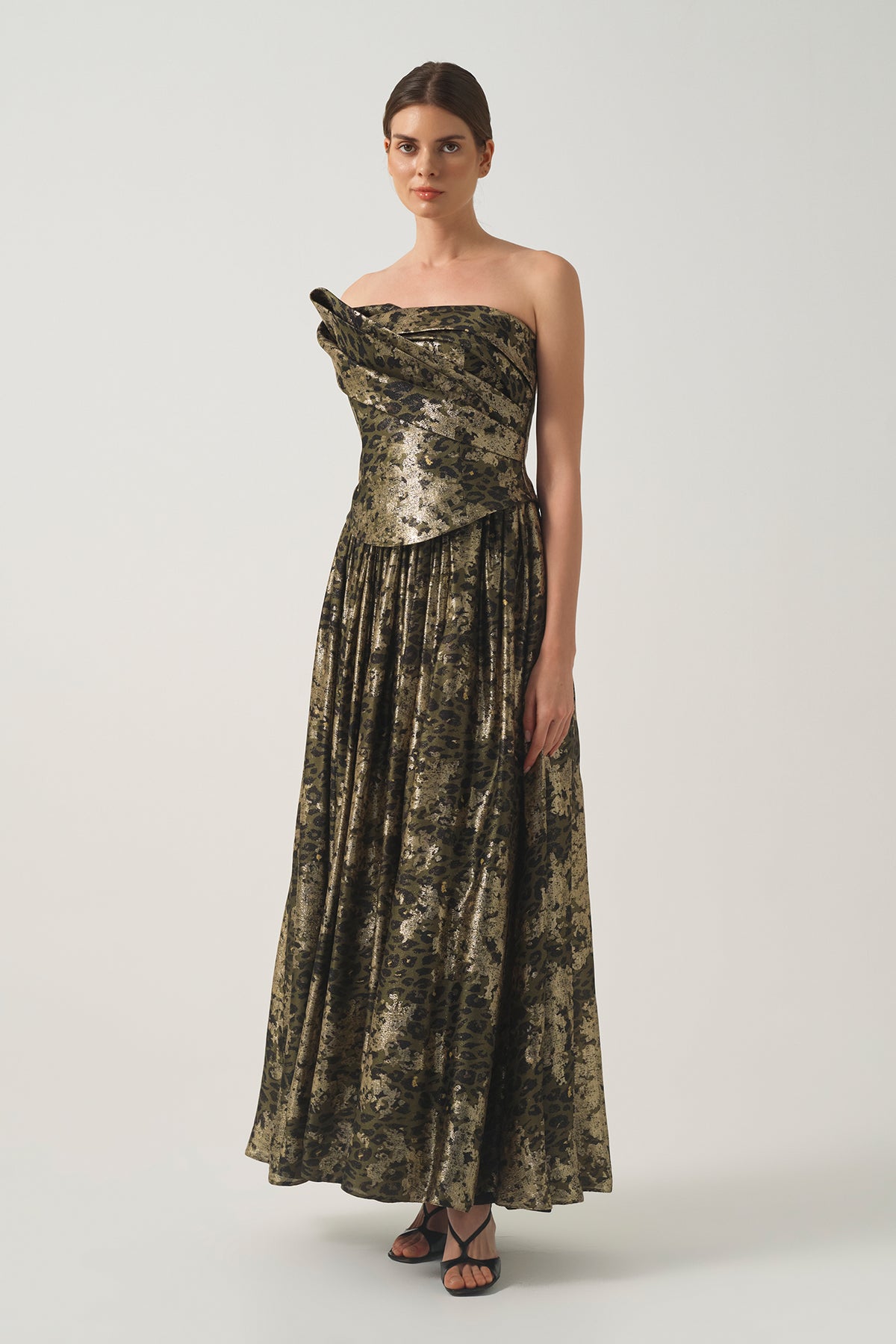 Asymmetric Draped Leopard Long Dress