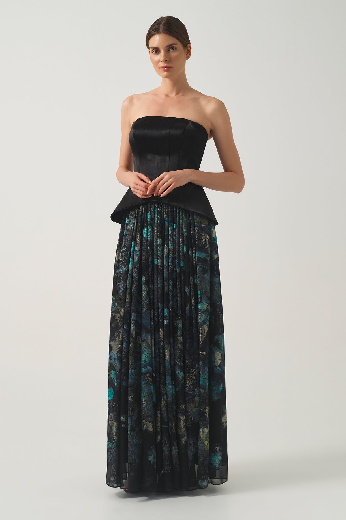 Corset Bodice Printed Pleated Long  Dress